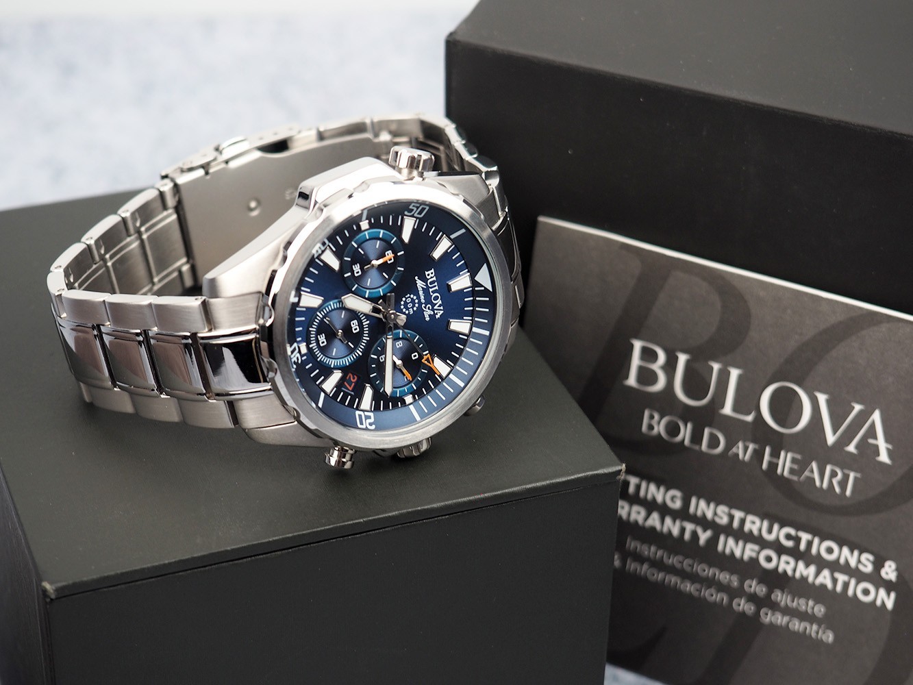 Bulova Men’s Marine Star 96B256 Blue Dial Stainless Strap Quartz Watch 44 mm