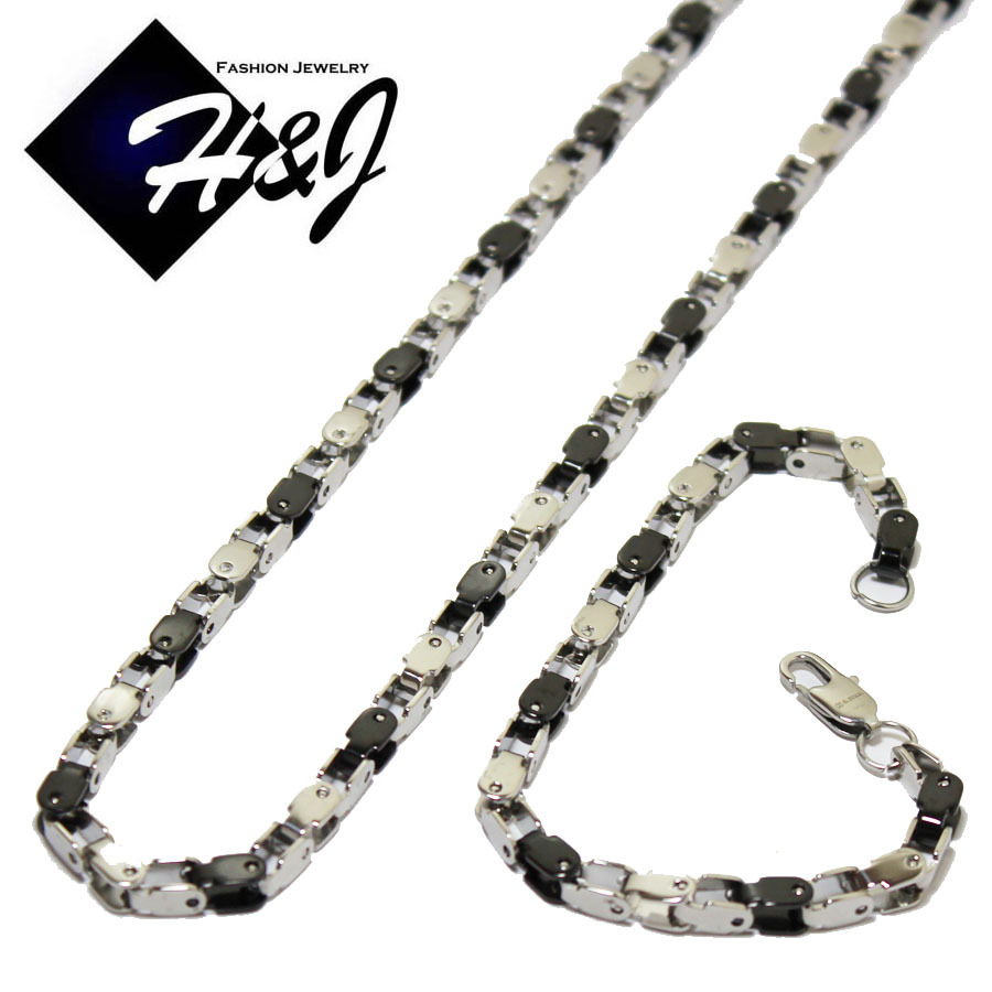 24″MEN Stainless Steel 5mm Silver/Black Plated Box Bike Link Necklace Bracelet