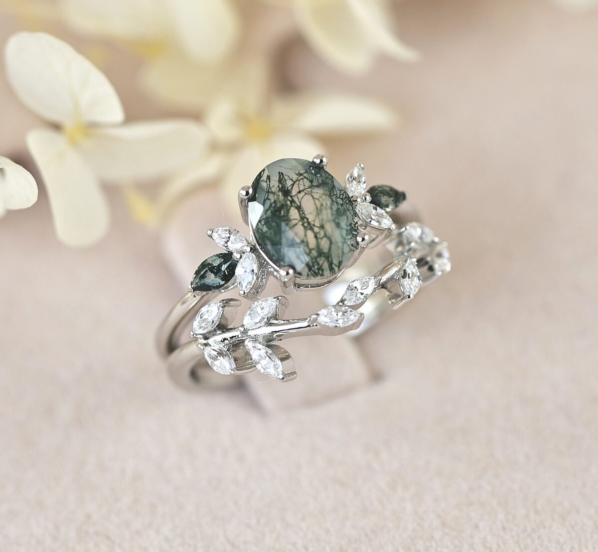 Floral Moss Agate Engagement Ring & Wedding Band Ring Set Sterling Silver S14275