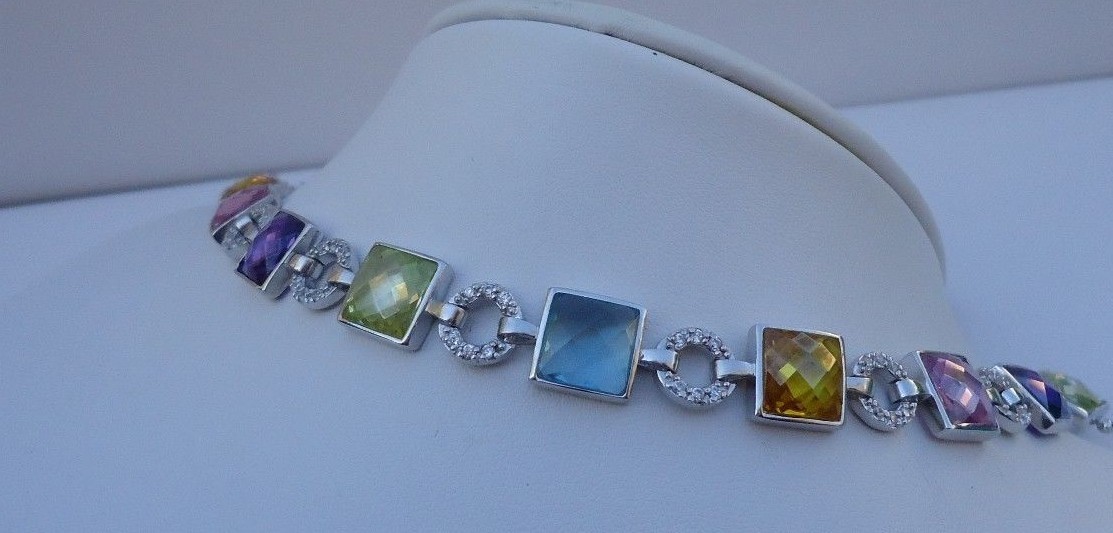 STERLING SILVER BRACELET 28ct MULTI-COLOR GEMSTONES/ LAB CREATED DIAMOND/ 7.5”