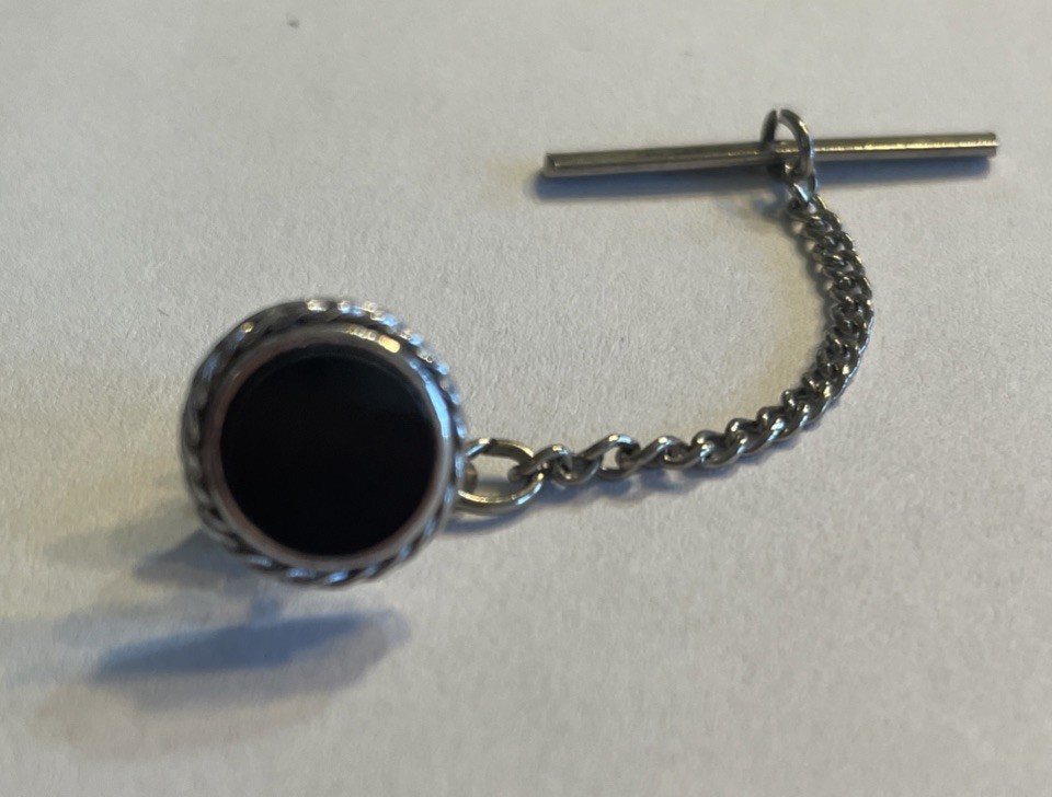 Vintage Tie Tack Silver Tone Black Stone Stick Pin Chain Lapel Pin Men’s Classic