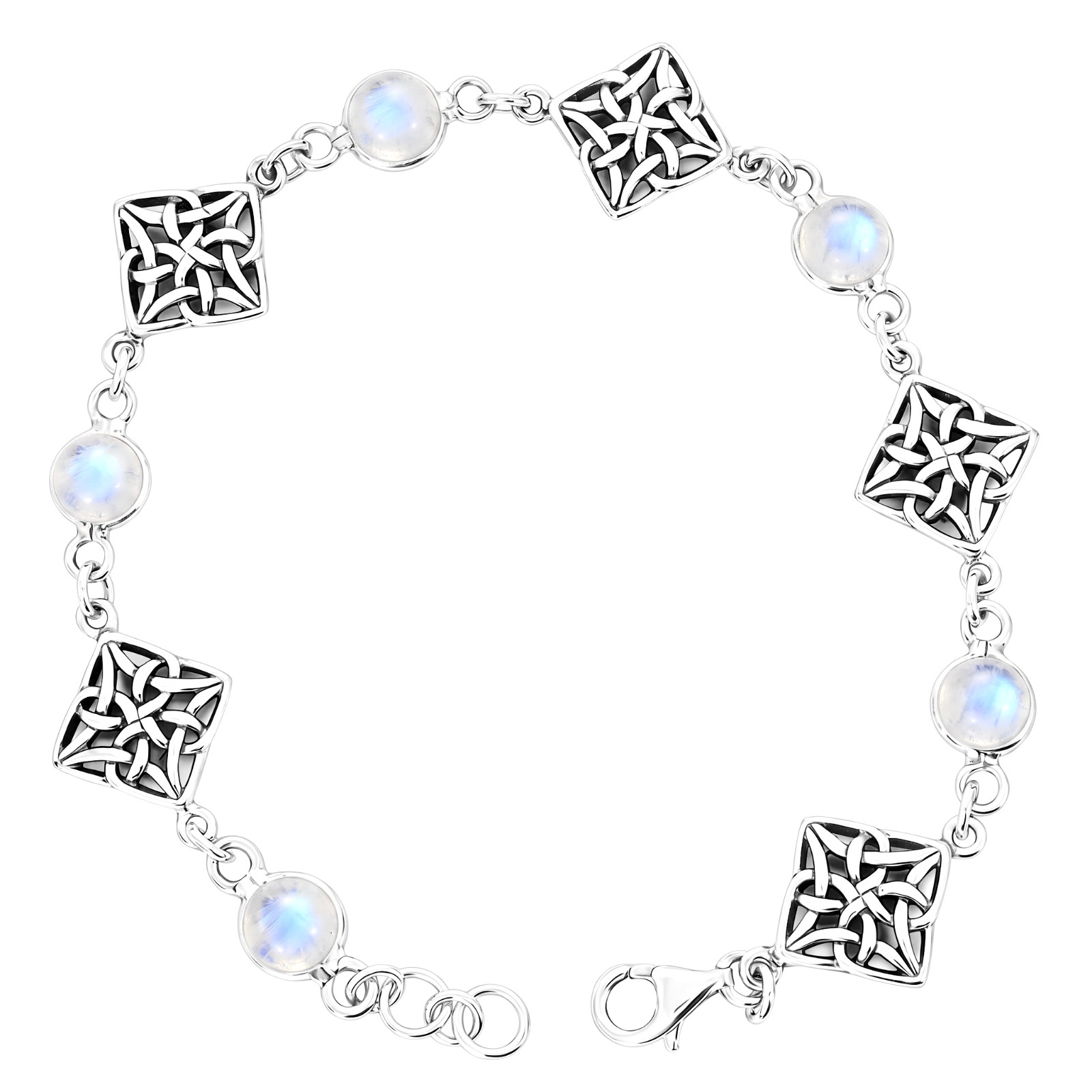 Vintage 925 Sterling Silver Rainbow Moonstone Celtic Knotwork Weave Bracelet