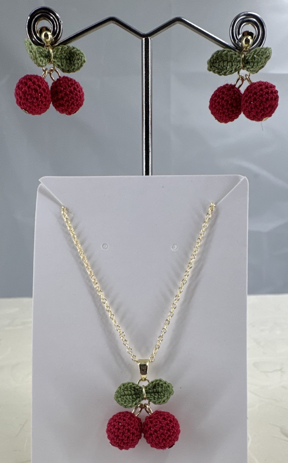 Hand Made, Tiny Crochet Cherry Pendant Necklace & Earrings Set