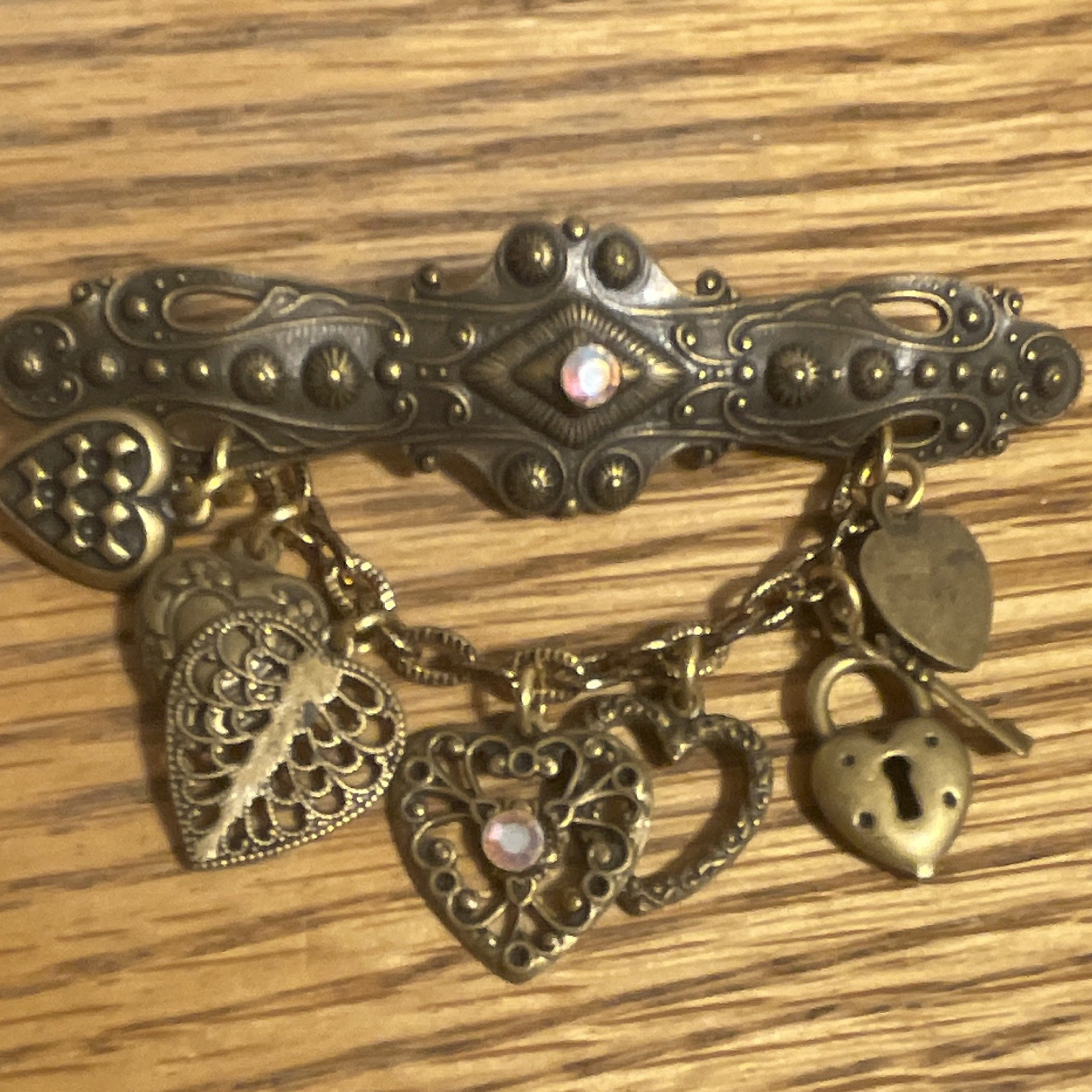 Gold & Silver Tone Heart Dangle Brooch Pin w/ Clear Crystal Accent