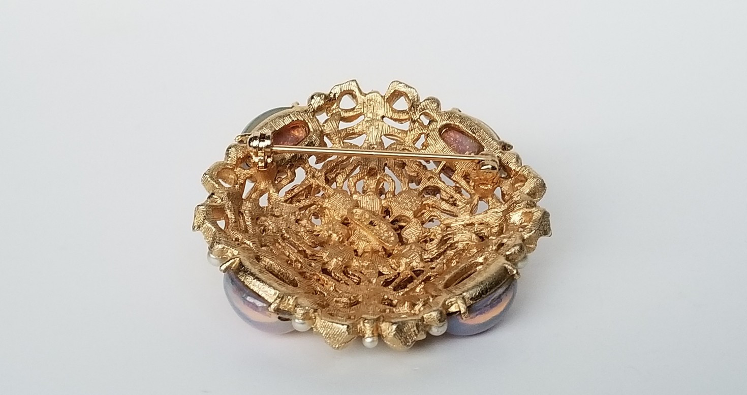 Vintage R. MANDLE Faux Opal, Pearl & Turquoise Rhinestone Gold Tone Pin Brooch