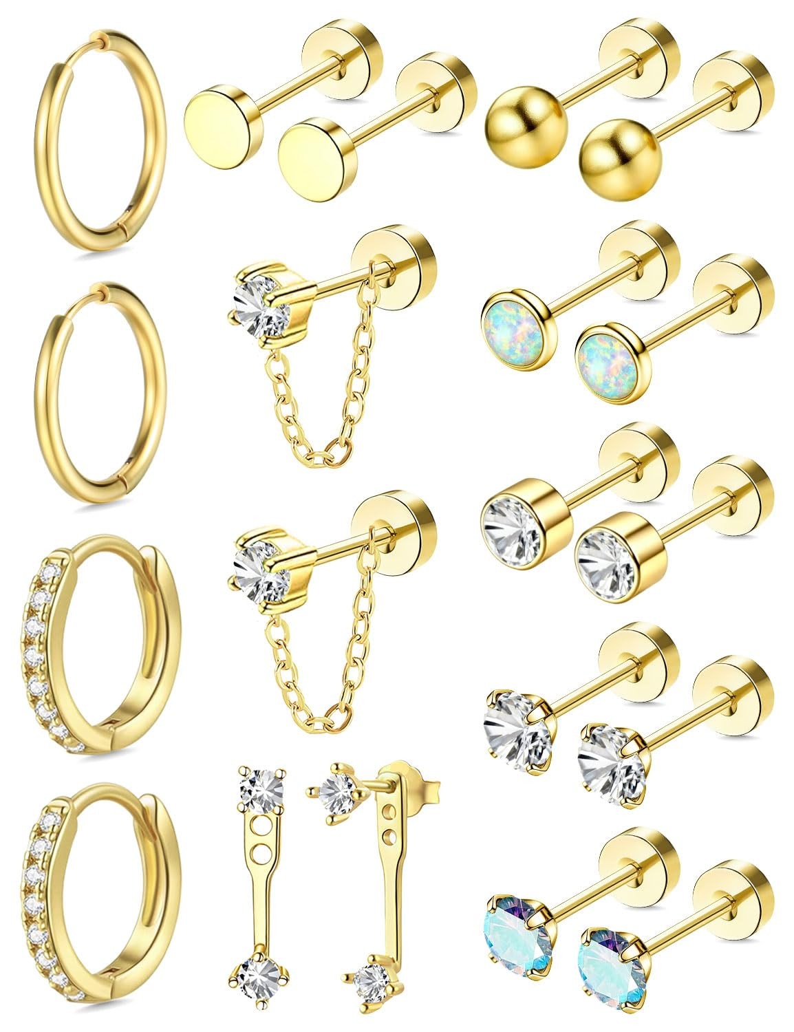 10 & 14 Pairs Hypoallergenic 14K Gold Plated Flat Back Earrings Hoops for Wom…