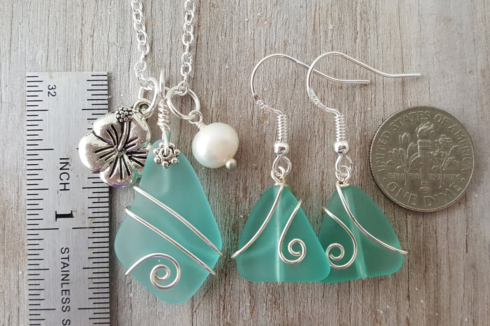 Hawaiian Jewelry Sea Glass Set, Wire Aquamarine Necklace Earrings Jewelry Set,