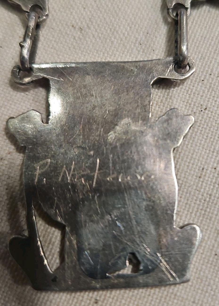 Vintage Zuni Pitkin Natewa Sterling Silver Multi-Stone Inlay Owl Necklace Signed