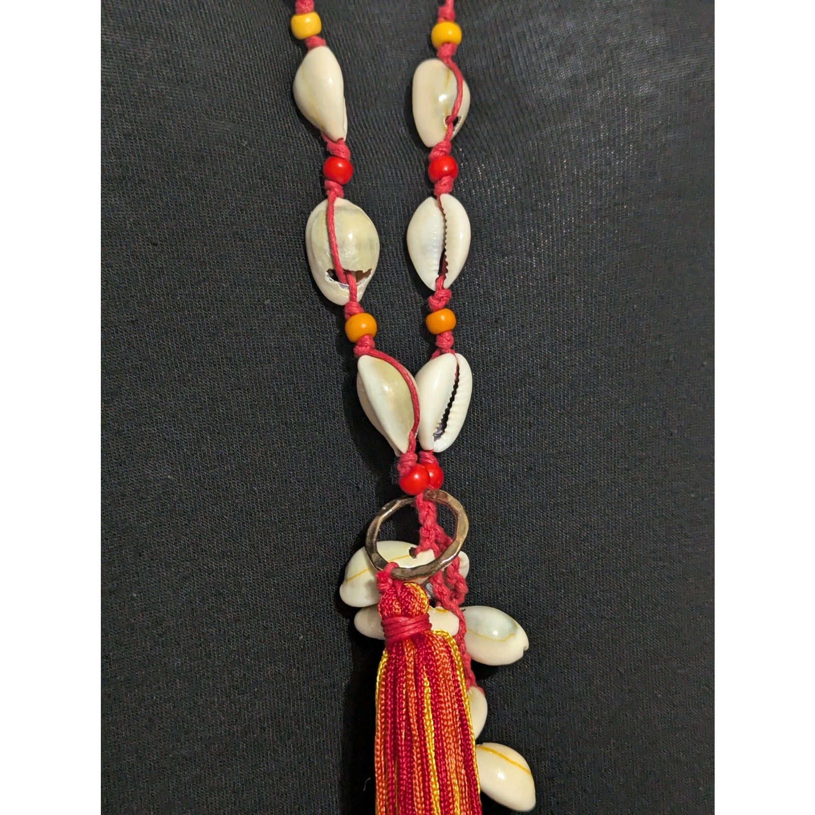 MIA Collection Cowrie Shell Tassel Long Necklace Red Cord Adjustable Boho Women