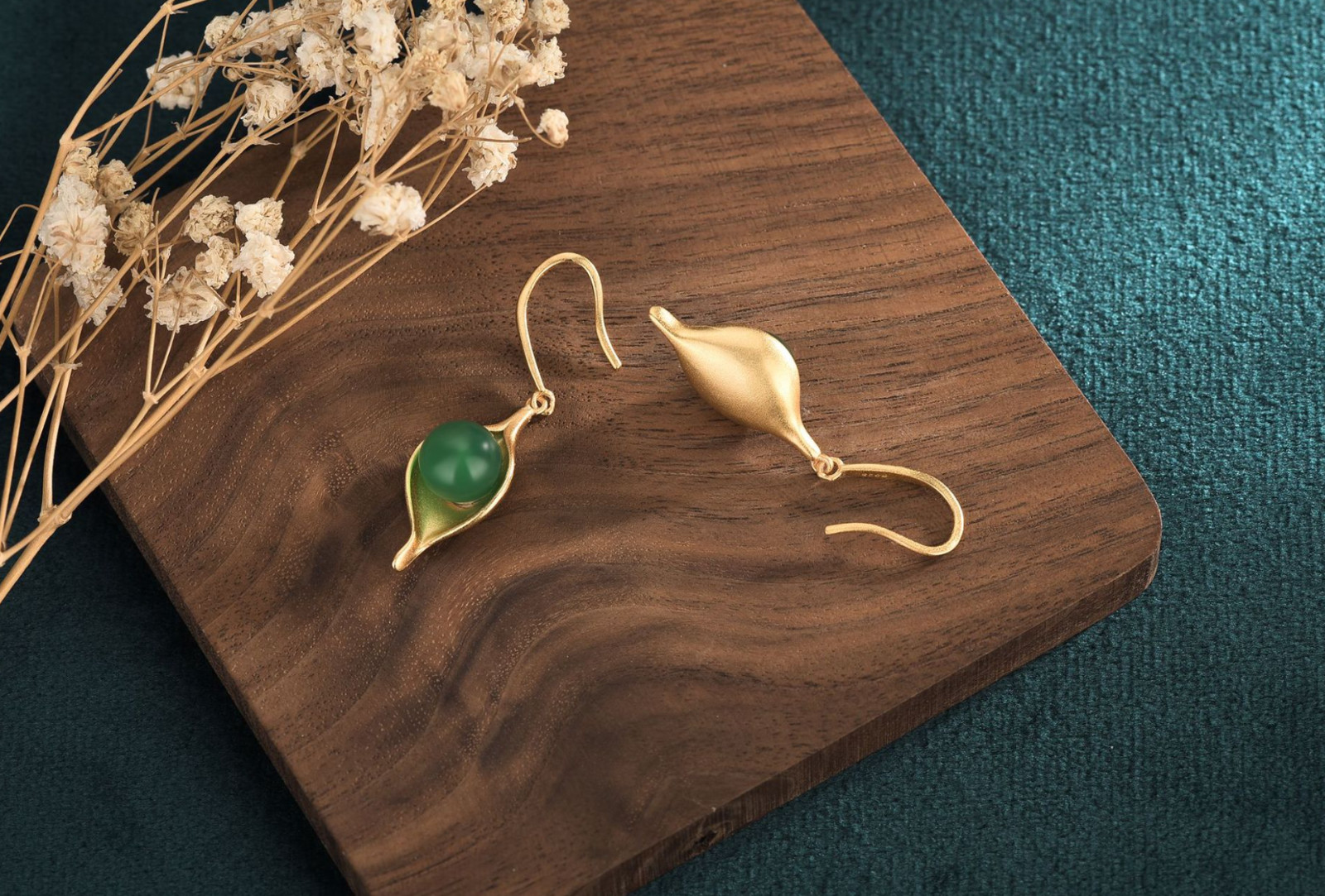 Green Jade Drop Dangle Earrings Minimalist Leaf Gemstone Hook 18K Gold Plated