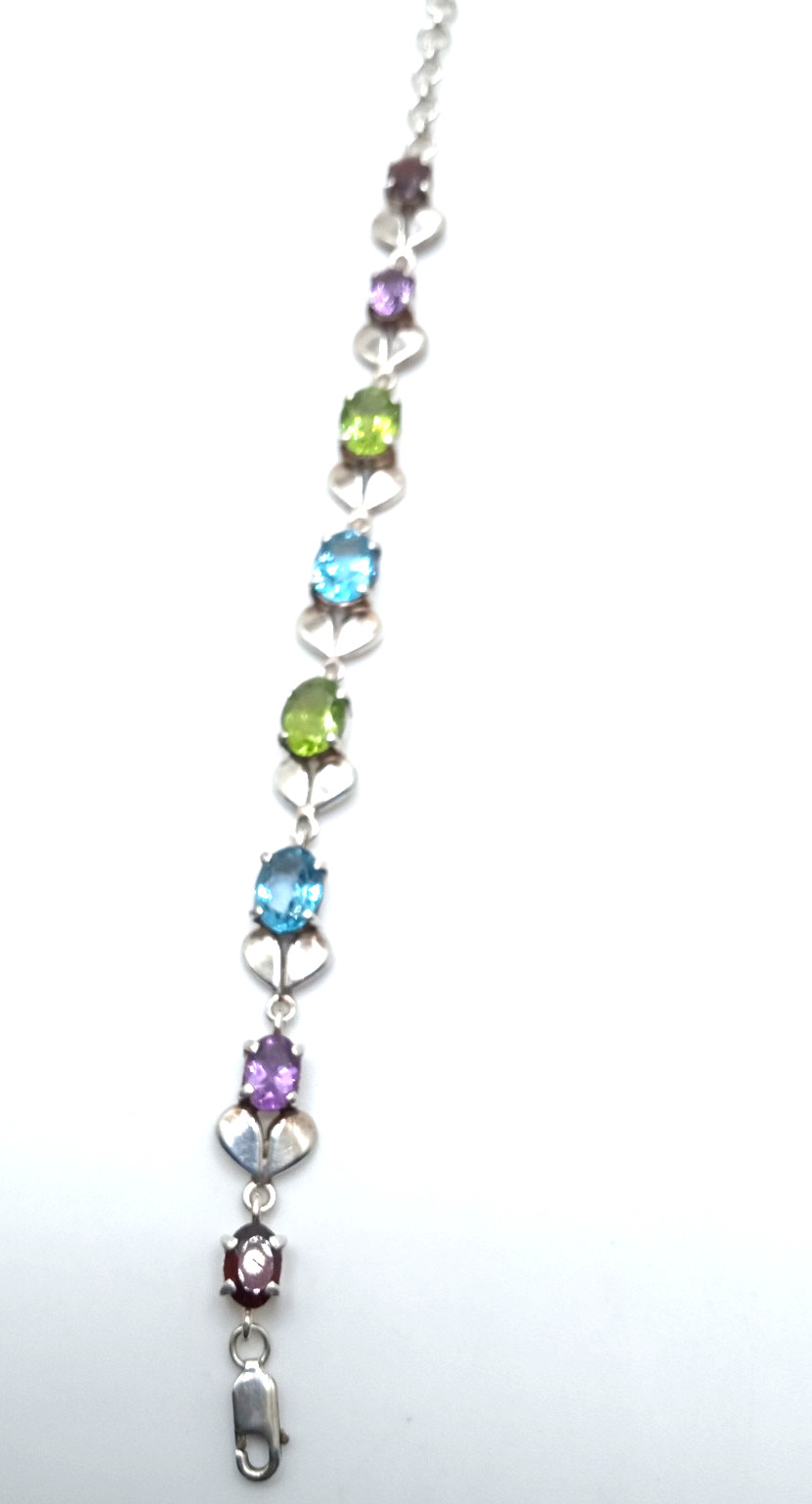 Vintage Sterling Silver Multi Gemstone 7 1/2 Inch Link Bracelet Lovely