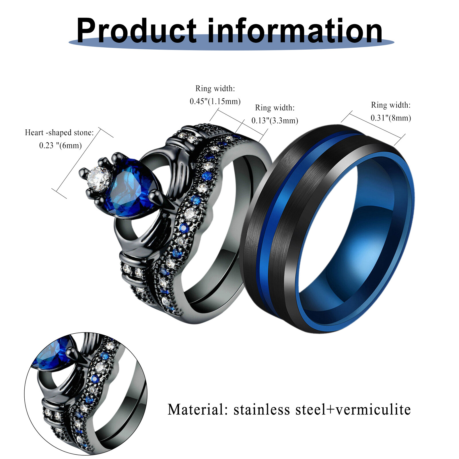 2Pcs His Hers Matching Blue CZ Crown Wedding Rings Stainless Steel Promise Bands