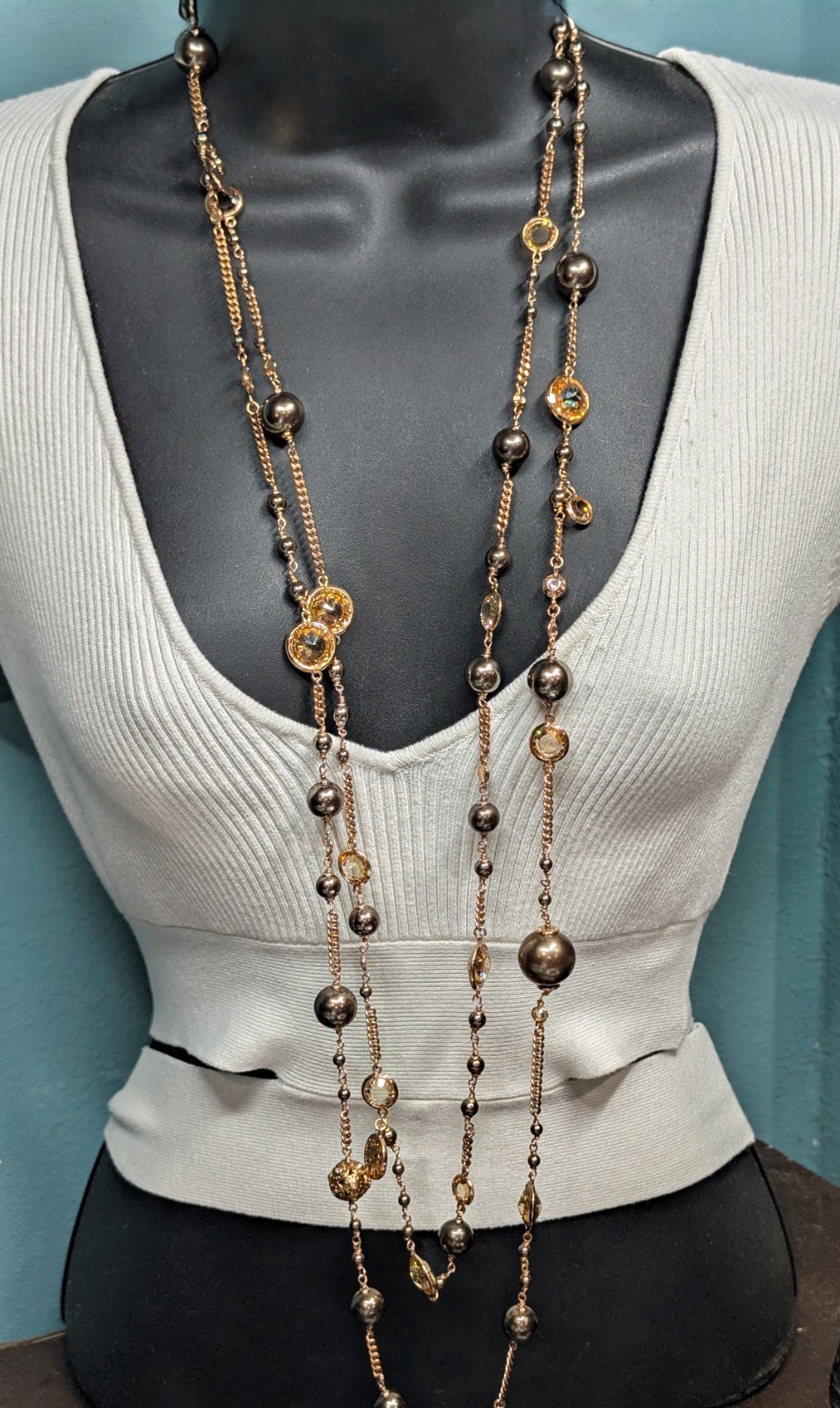 HENRI BENDEL Gold Rose Tone, Crysta & Faux Pearl Two Strand Long Necklace 40”