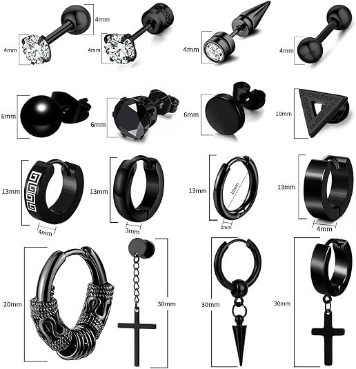 16 Pairs Stainless Steel Earrings Set for Men Stud Hoop Cross Dangle Jewelry