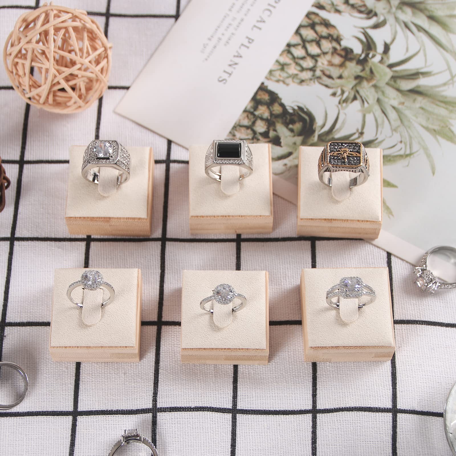 Bamboo 6 Pcs Rings Display Stand for Selling Velvet Jewelry Ring Holder Organ…