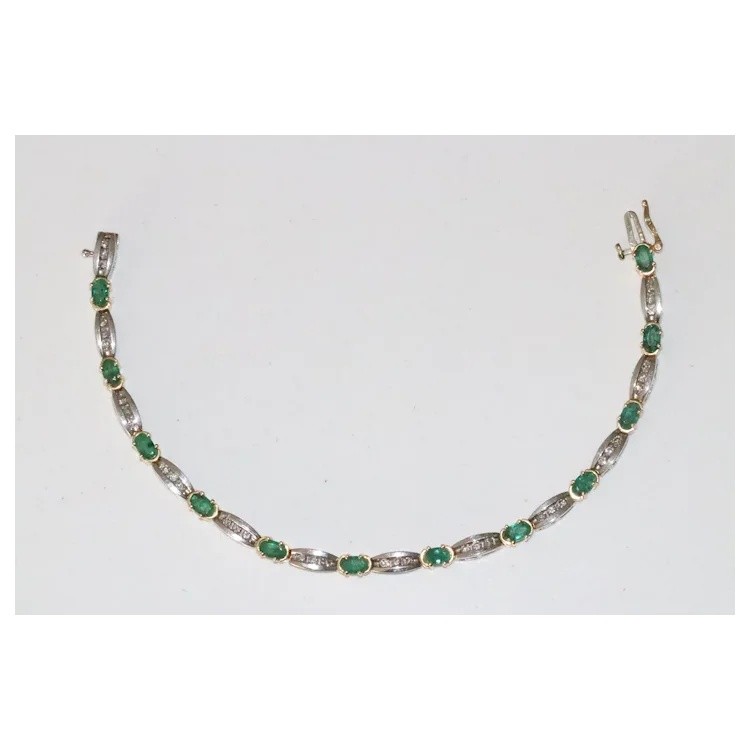 14K Yellow Gold Channel Set Diamond Natural Oval Cut Emerald Bracelet