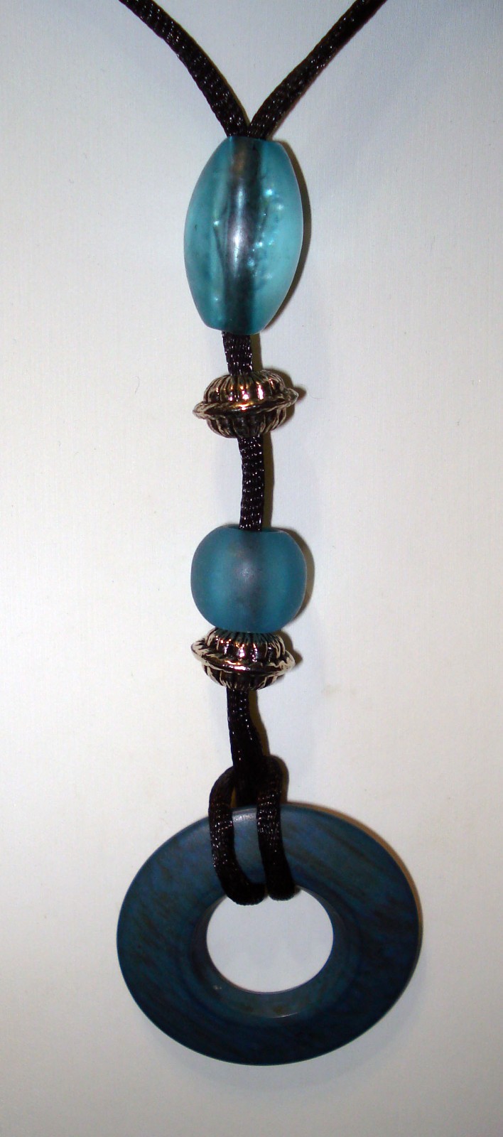 Black Cord Blue Bead Silver Tone Pendant Ring Choker Costume Jewelry Necklace