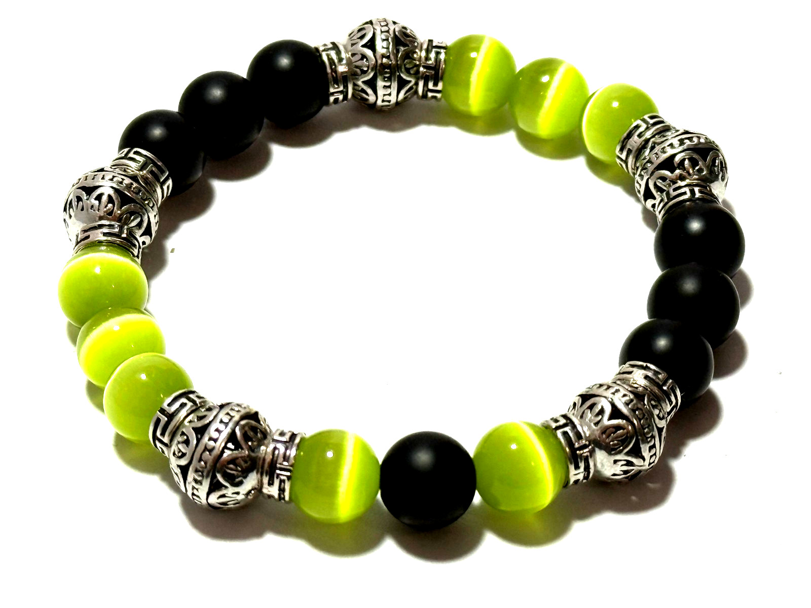Handmade 10mm Matte Black Onyx, Lime Green Catseye Sterling Silver Bead Bracelet