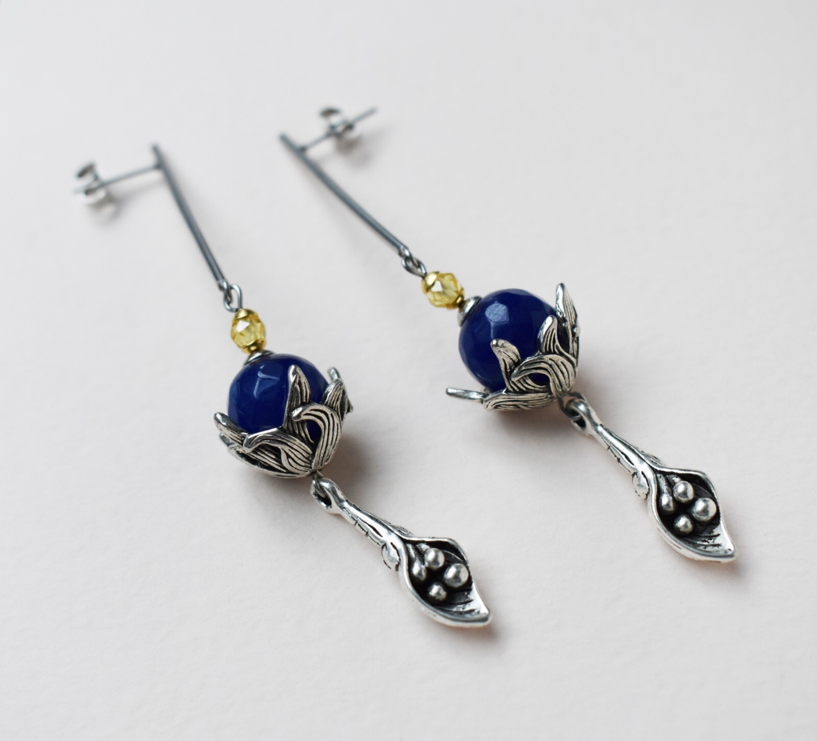 Long massive earrings silver tone, unusual floral dangles