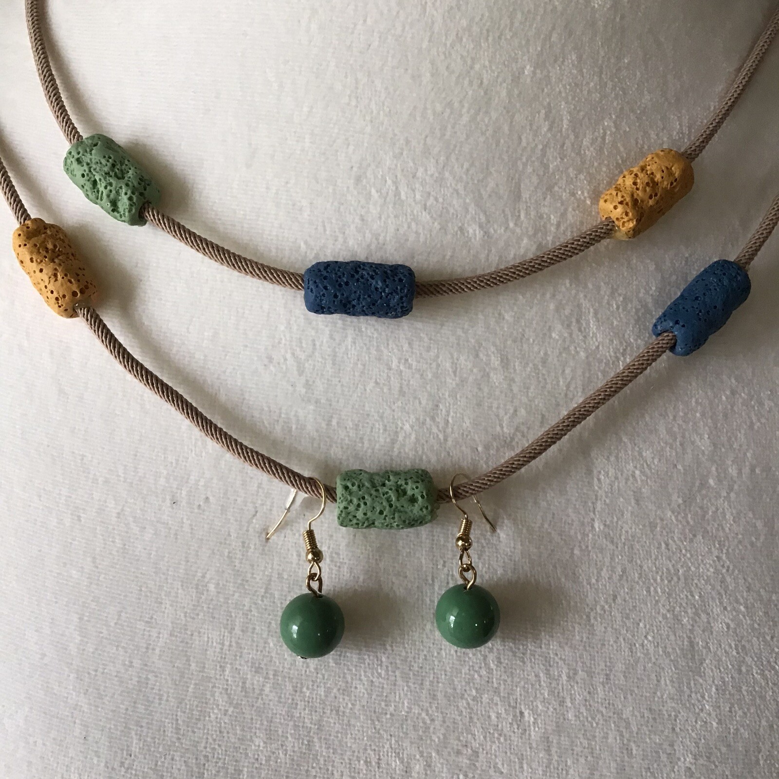 Lava Bead Tube Bead Necklace Earrings SET 2-Strand Boho Blue Green Gold NEW
