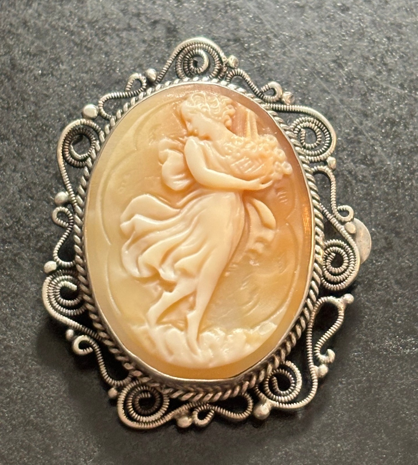 Vintage Shell Cameo Brooch* Classical Ethereal Woman Godess Figure Flowing Robes