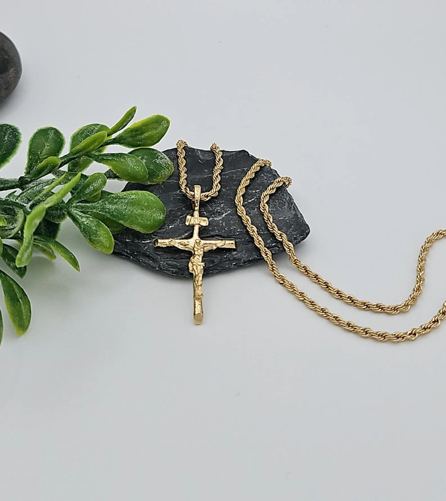 Gold Crucifix Necklace, 2mm DC French Rope Chain, 14k Heavy Plated Gold, Unisex