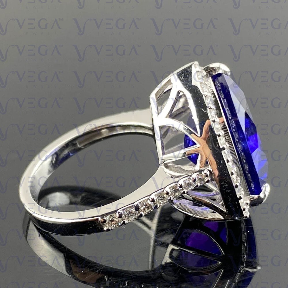 6.80Crt Trillion Cut Natural Tanzanite & Diamond 100% 14k SOLID White Gold Ring