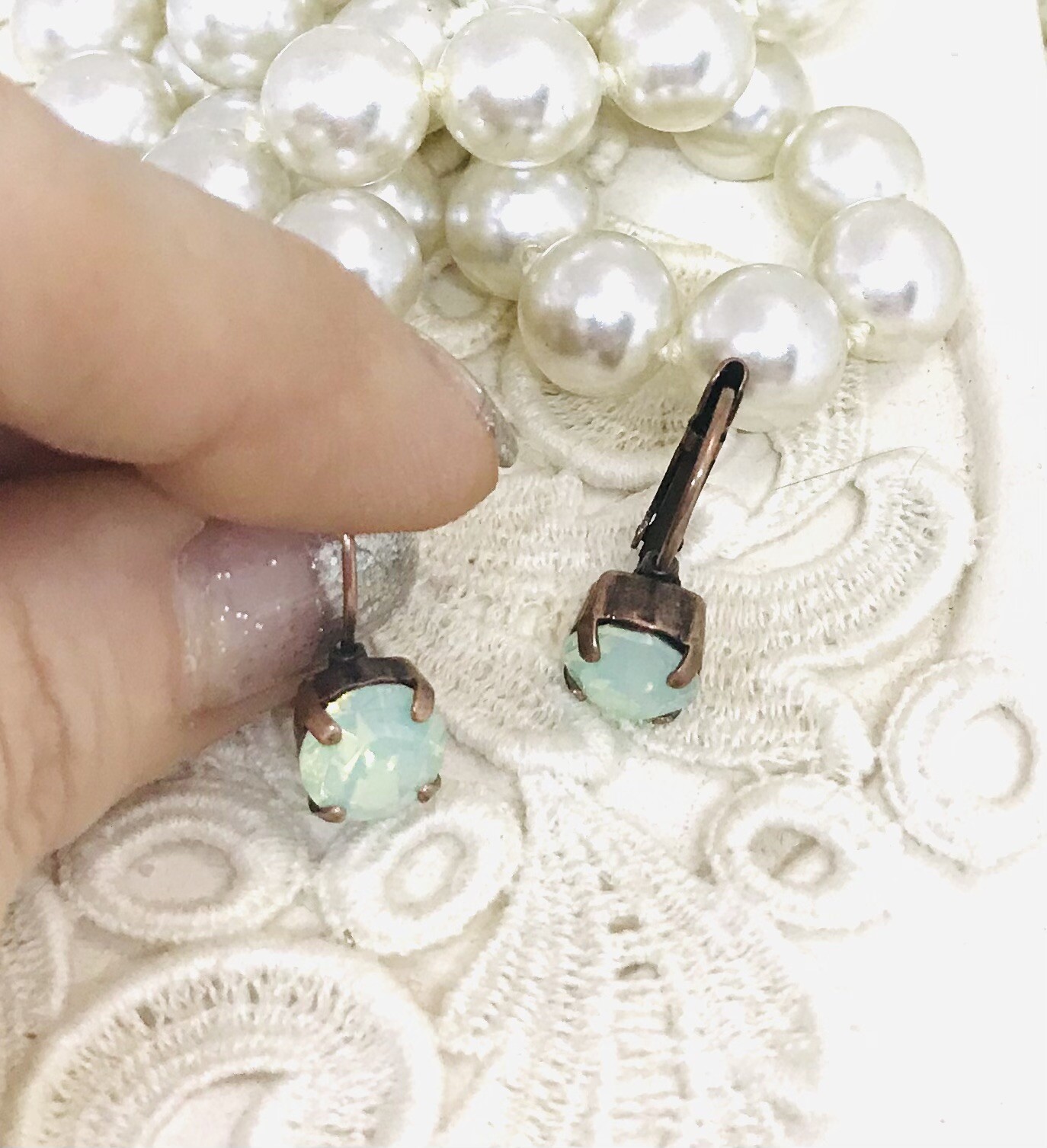 Antique Copper Mint Green Cup Chain Earrings, Chrysolite Opal Cup Chain Earring