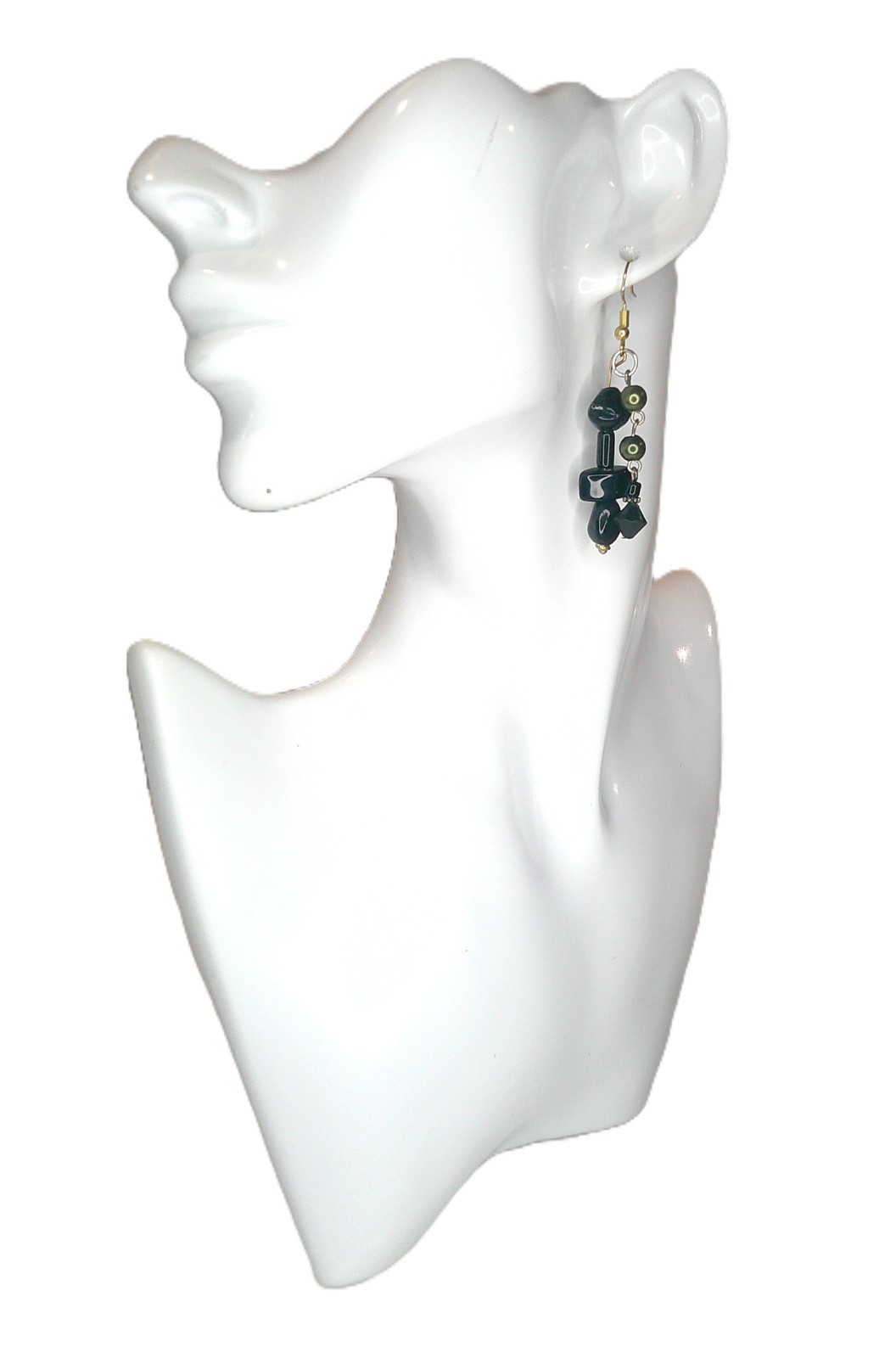 Black and Olive Green Bead Earrings Mixed Metal Handmade Goth Asymmetrical