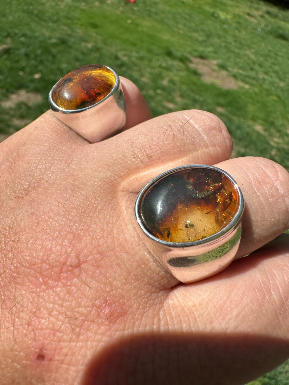 Large Genuine Baltic Amber Stone Mens Real Solid 925 Sterling Silver Signet Ring