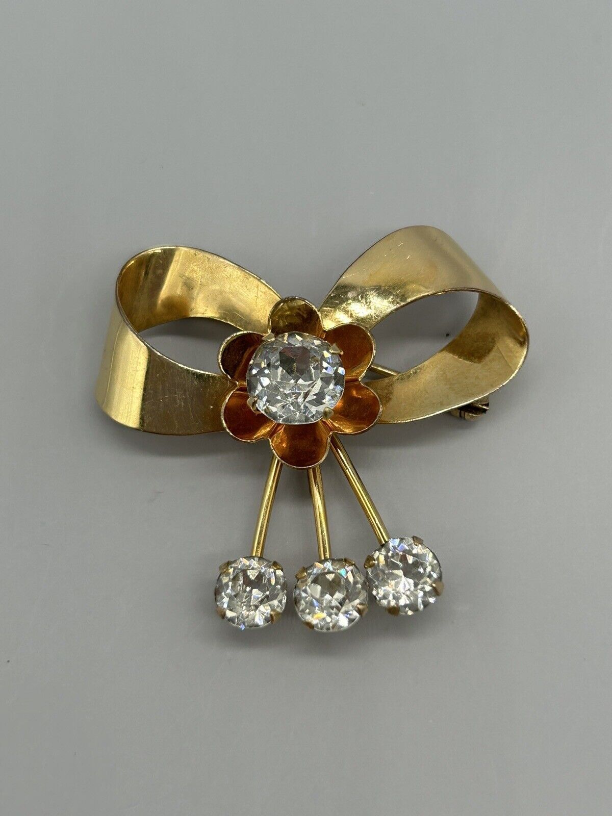 Vintage Signed BAL-RON 12K Gold Plated Crystal Floral Bow Brooch Pin