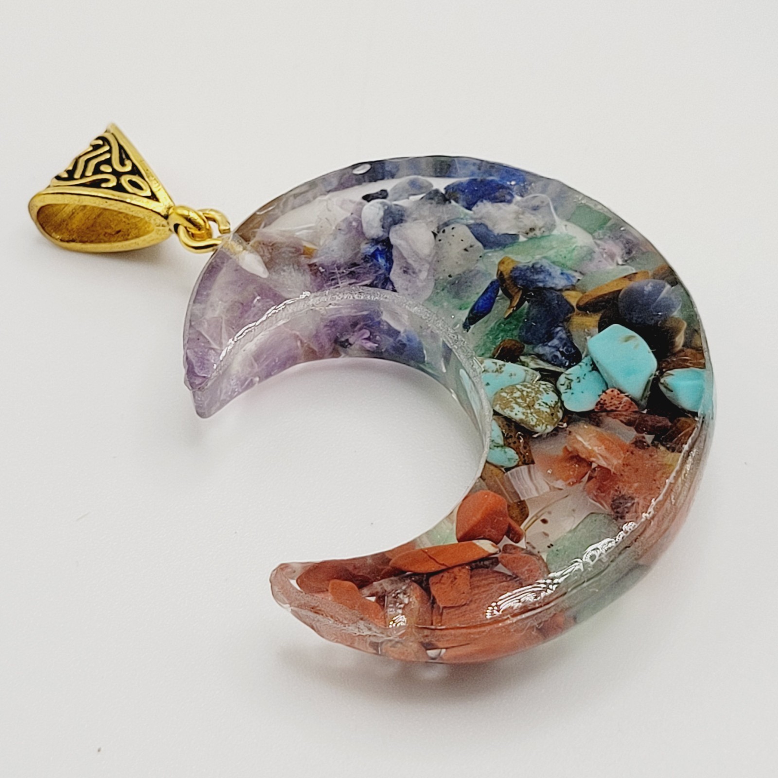 Crescent Moon Shape Orgone Chakra Crystal Chip Pendant Ornate Bail No Chain