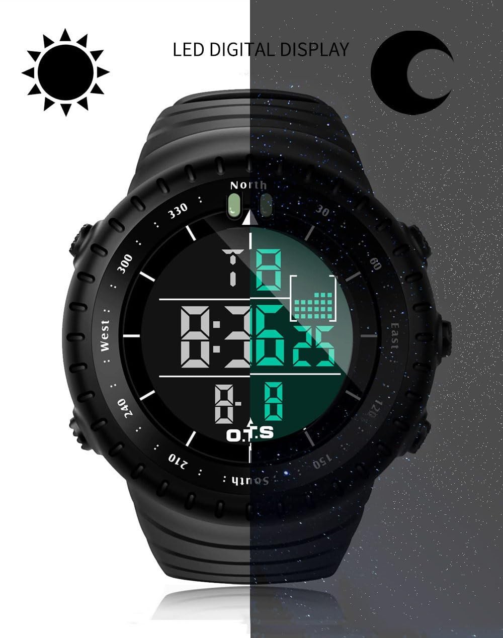 50mm Digital Sports Watch Waterproof Dual Time Alarm Chronograph Backlight Black