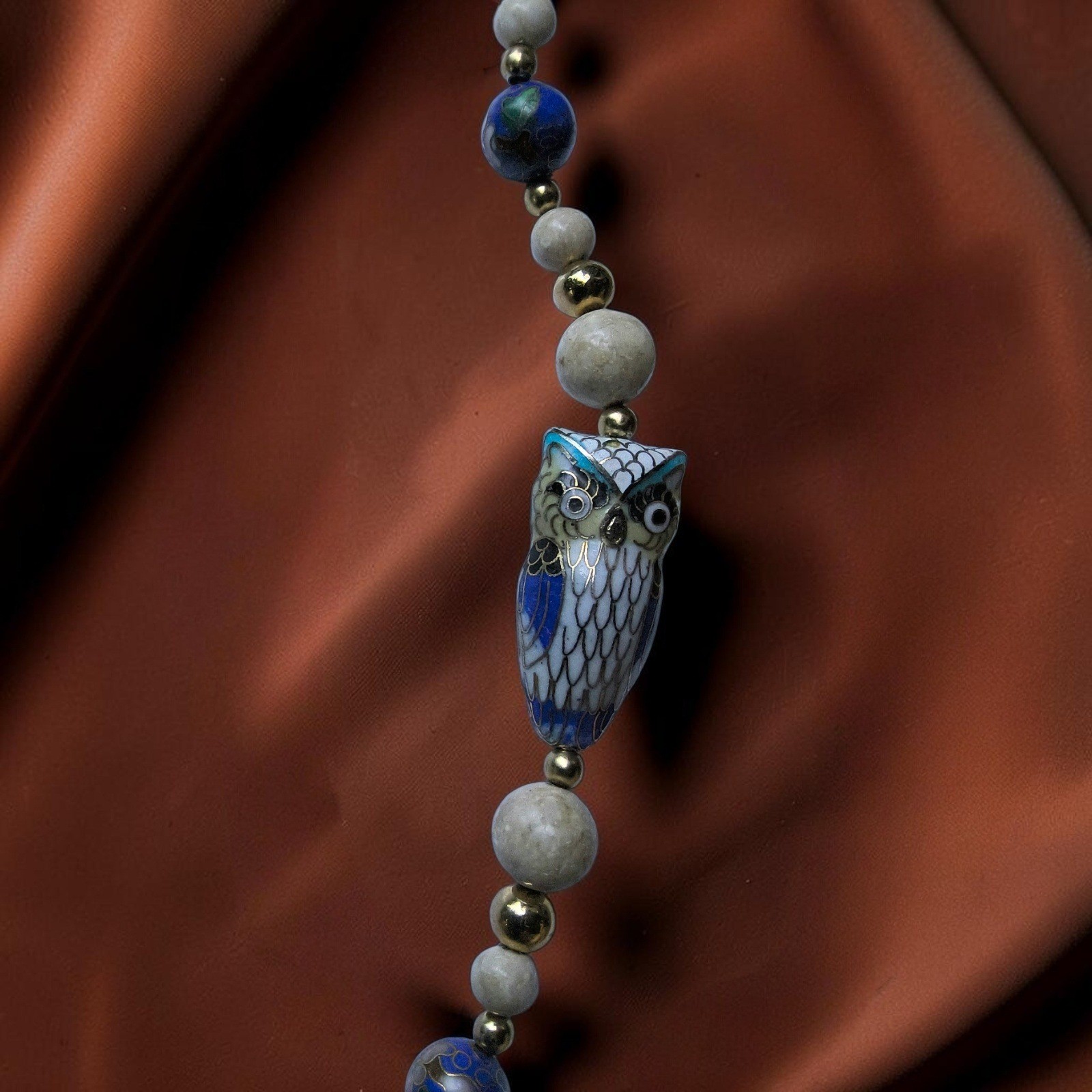 Vintage Cloisonné Owl Necklace Natural Matte Stone Enamel Floral Beads 27″