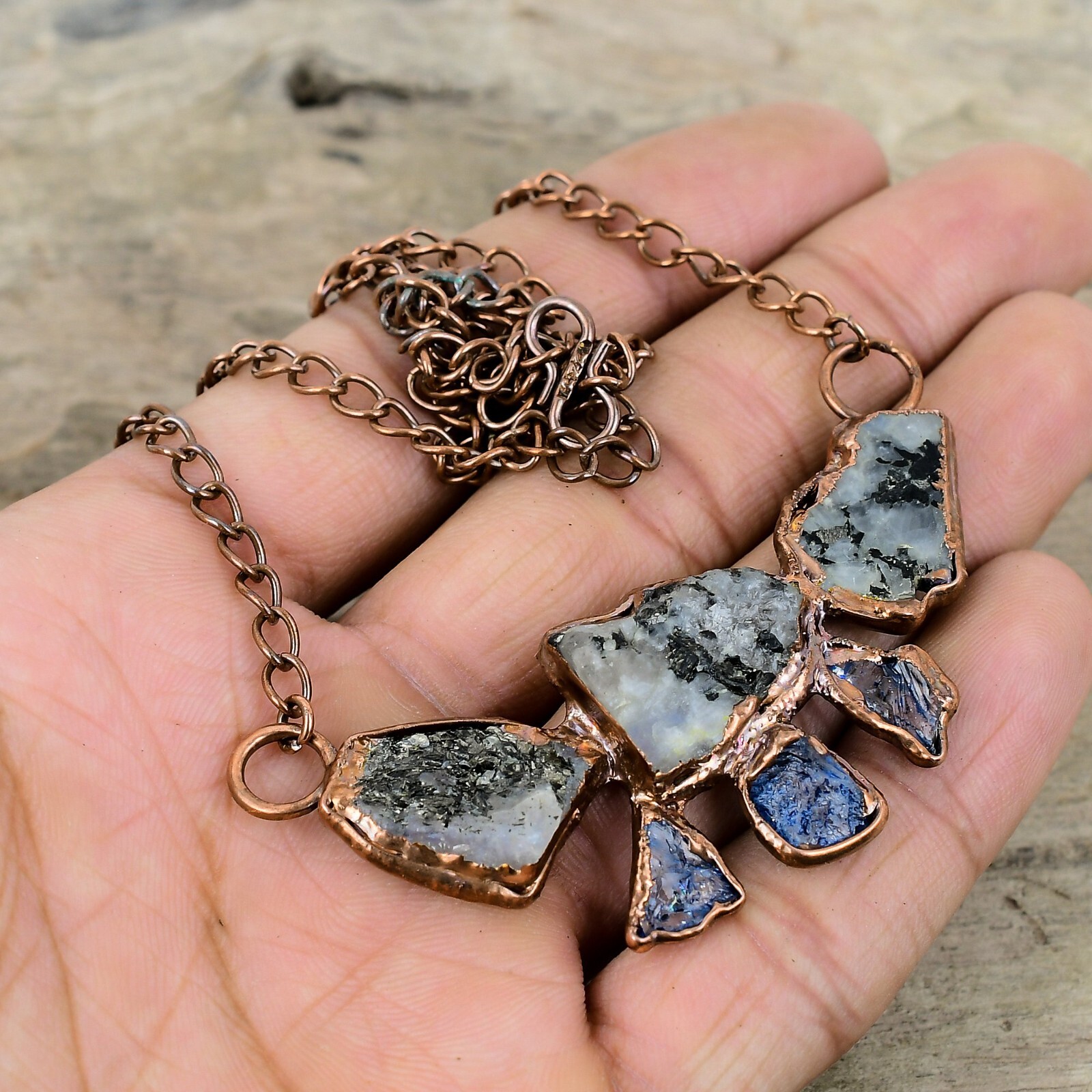 Rainbow Moonstone Rough Electroformed Chain Adjustable Necklace Copper 18.0″