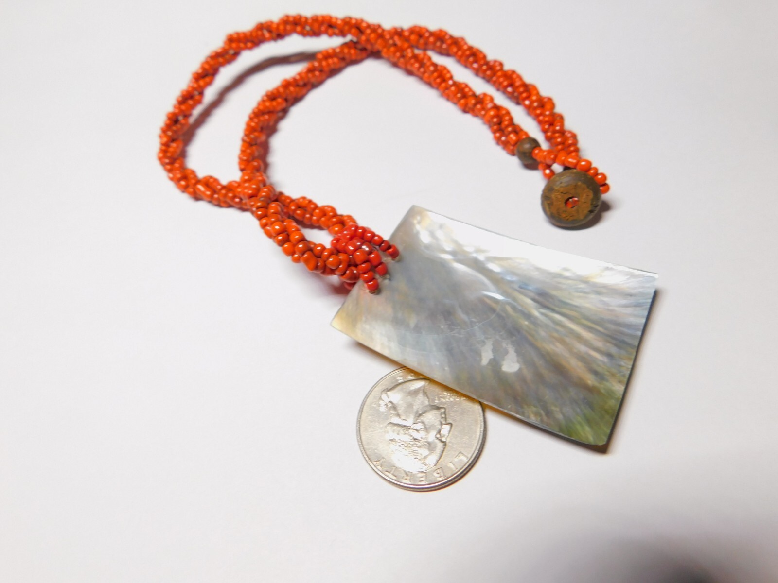 Orange Glass Bead Woven Rectangle Shell Pendant Necklace Vintage