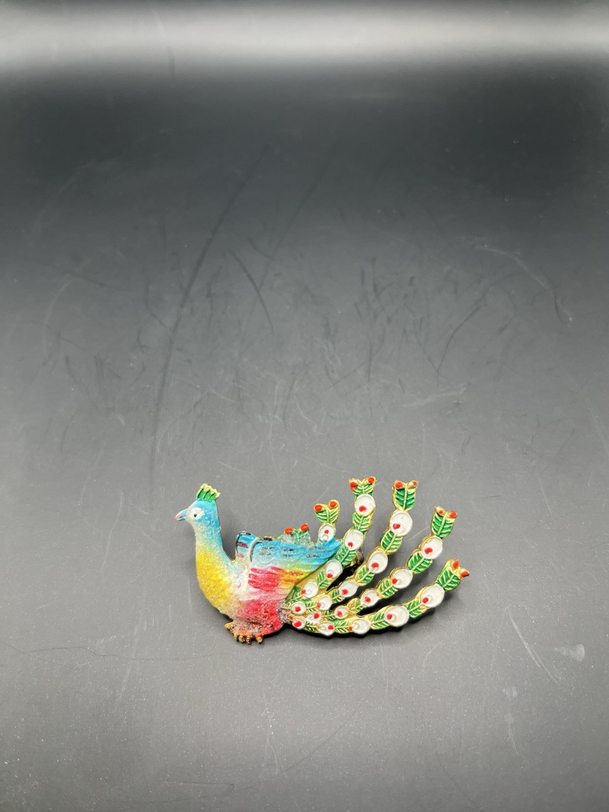 Vintage Gold Tone Painted Peacock Brooch Pin Marked KOREA