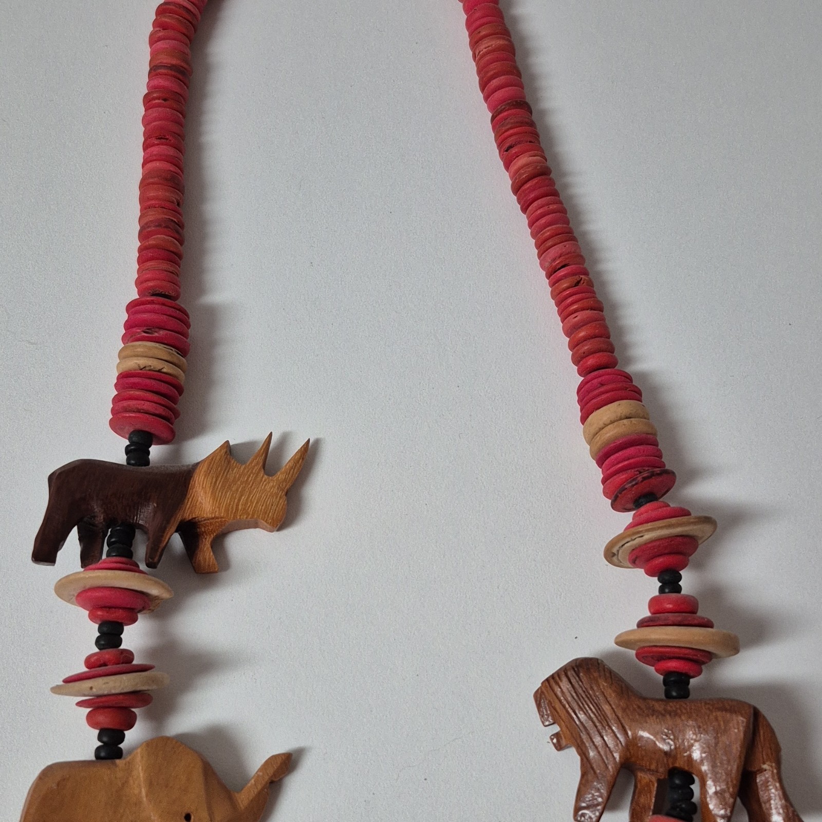 Vintage Hand Carved Wooden Safari Animal Beaded African Tribal Necklace 27 Inche