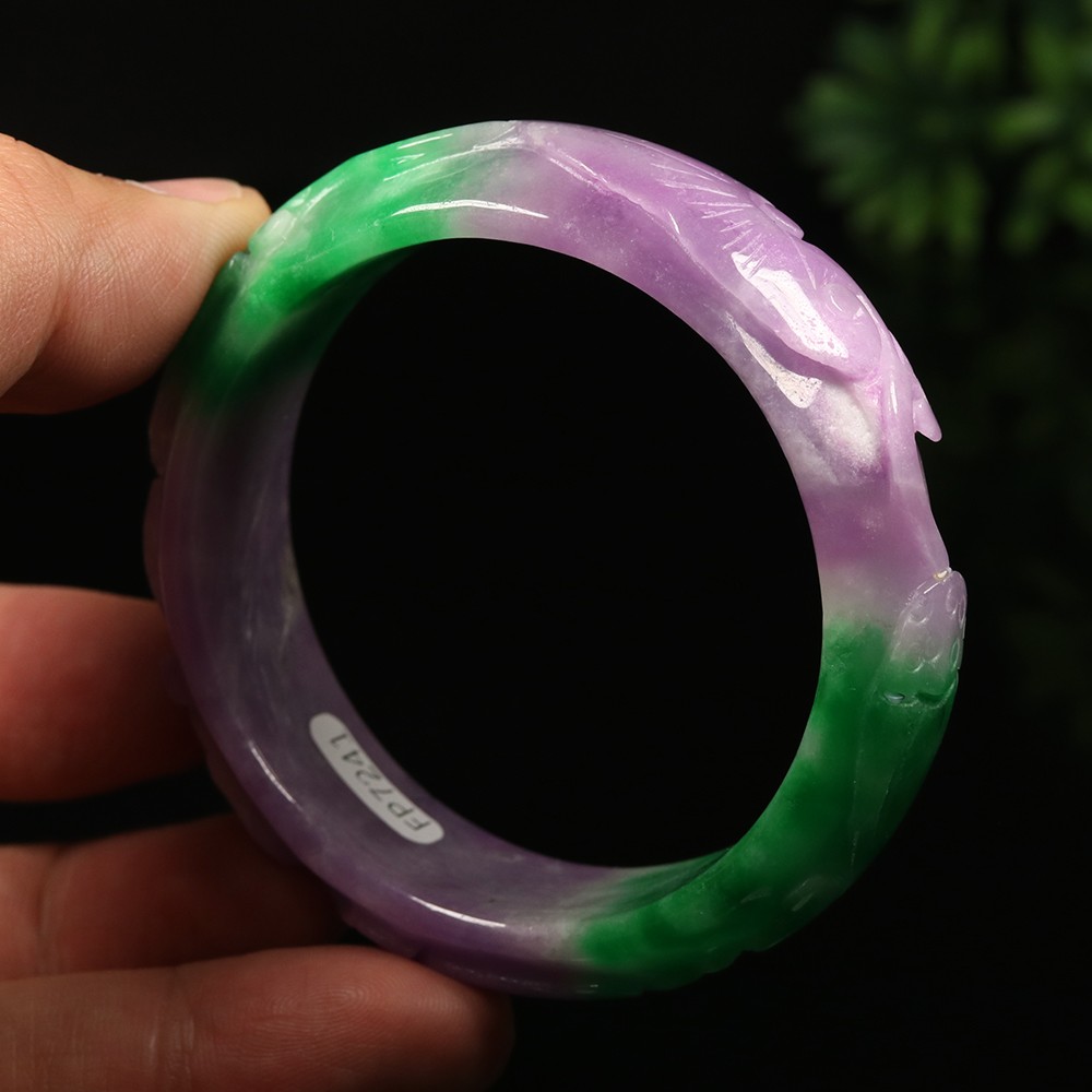 55mm Lavender Purple Green Jadeite Jade Bangle Bracelet Ruyi Fish Lotus A-14535