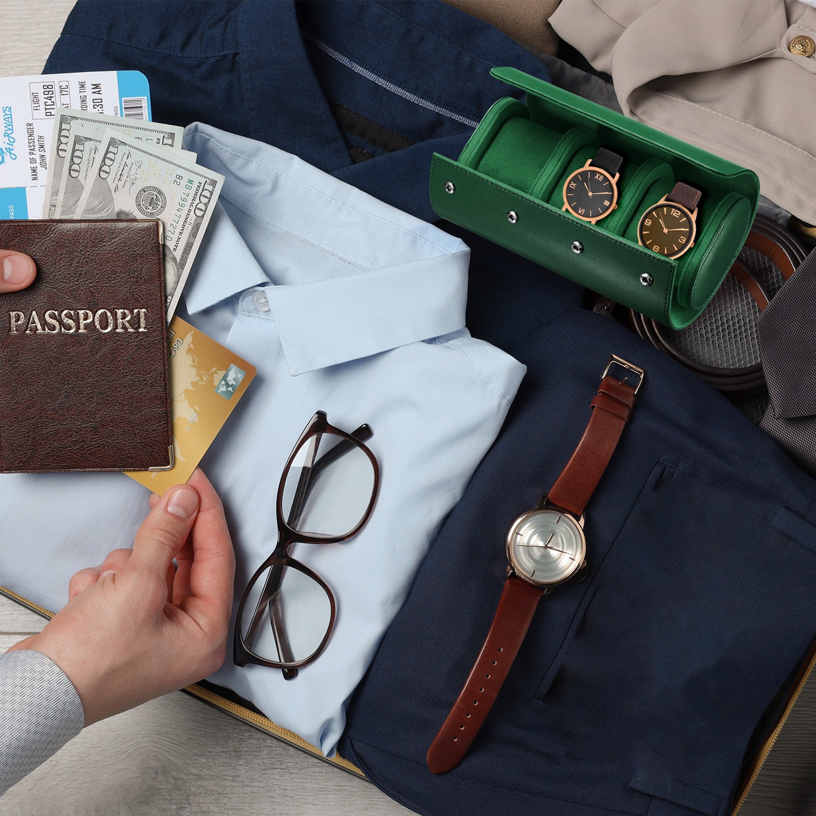 1/2pc Leather Watch Travel Case Men Women Holding 3 Slot Green Brown Storage