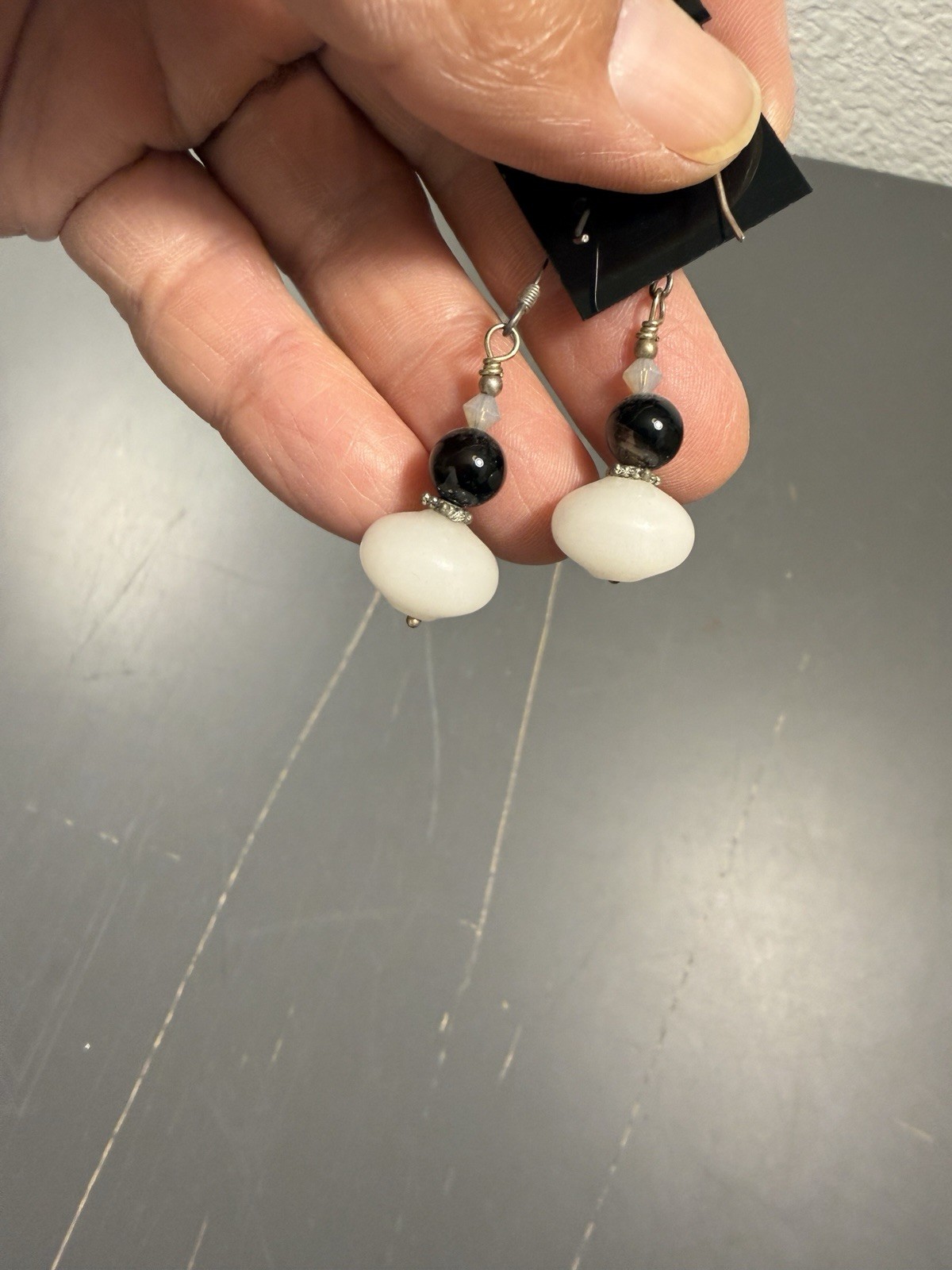 Handmade Frosted Glass & Black Artisan Bead Dangle Earrings Silver Tone USA