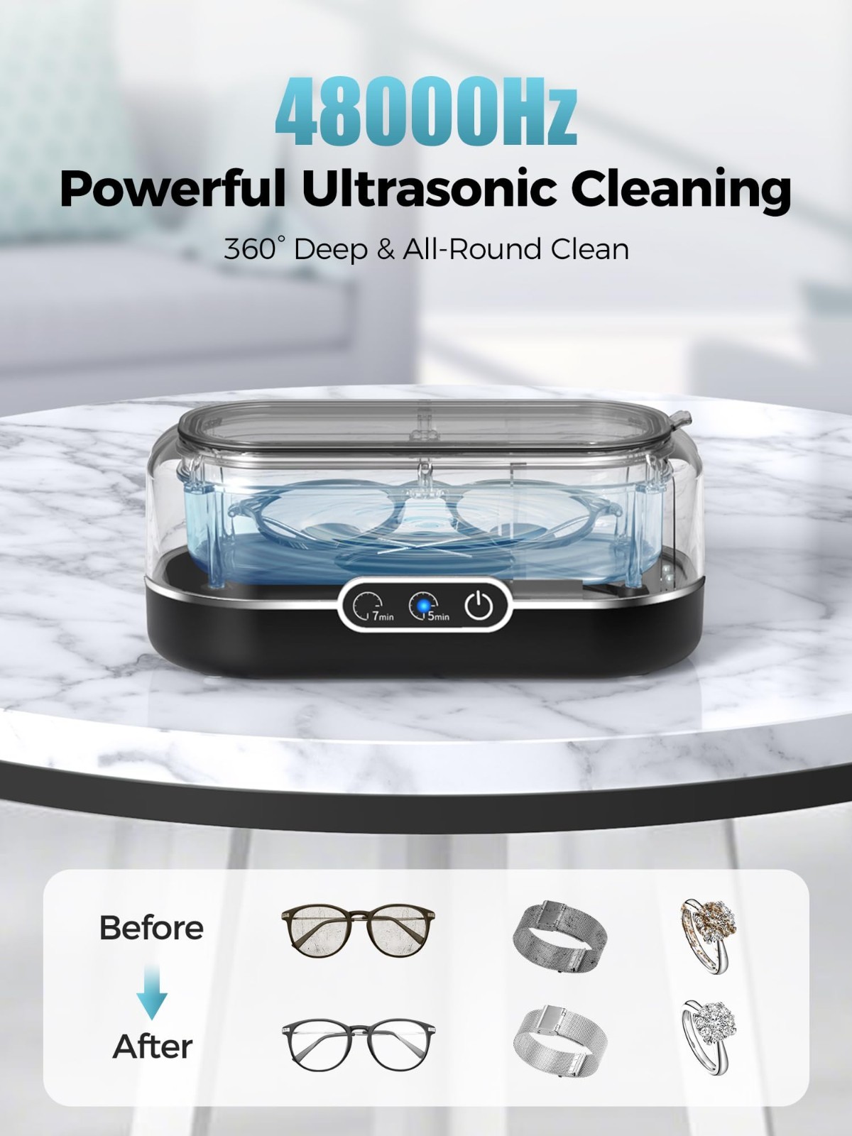 Ultrasonic Jewelry Cleaner 48KHz – Stainless Steel 12oz Pod for Rings, Glasses,