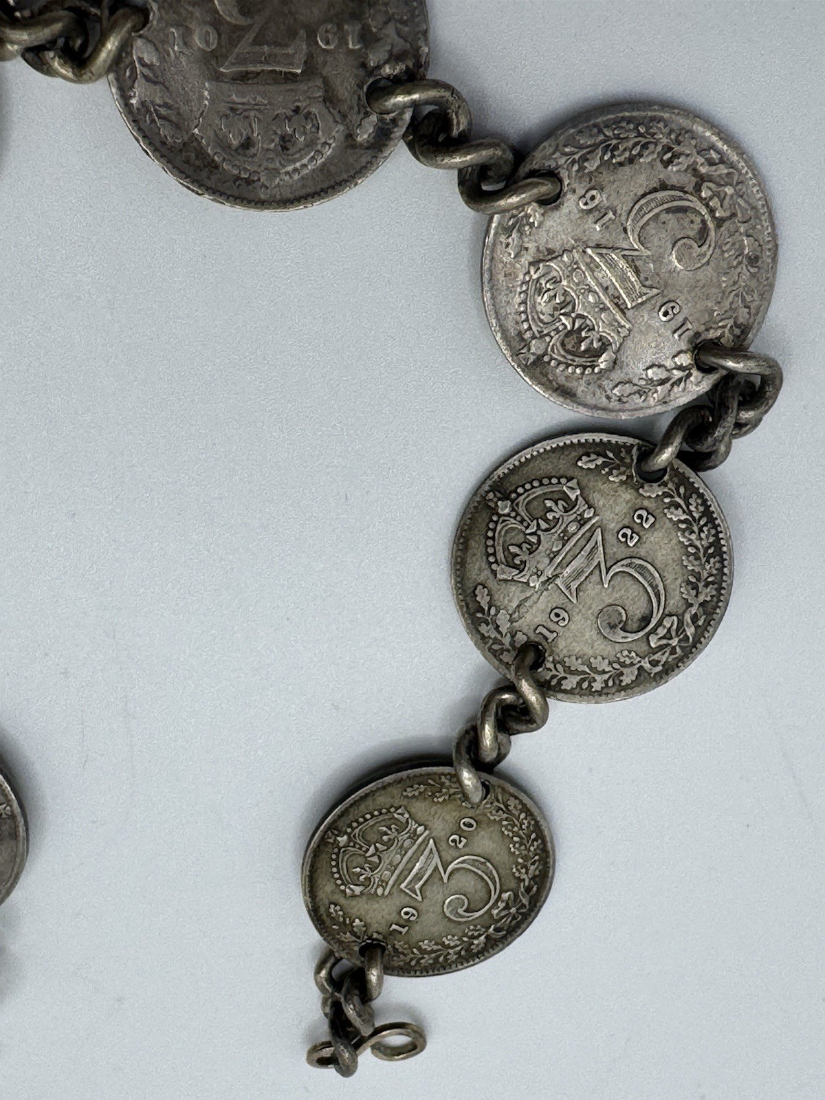 Antiqued GREAT BRITAIN QUEEN VICTORIA GEORGE V Three Pence STERLING BRACELET 7