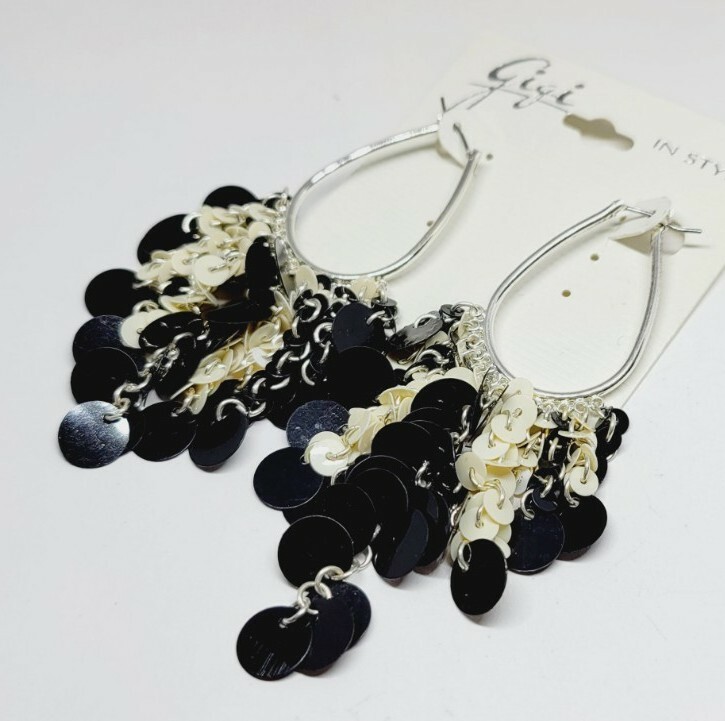Gigi In Style Black & White sequin Design OVAL Hoop Dangle Earrings 3.75 in Drop