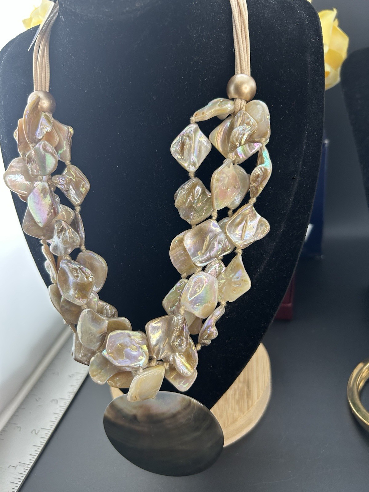 Gardenia Mother of Pearl Shell Statement Necklace Iridescent Boho Coastal Chic