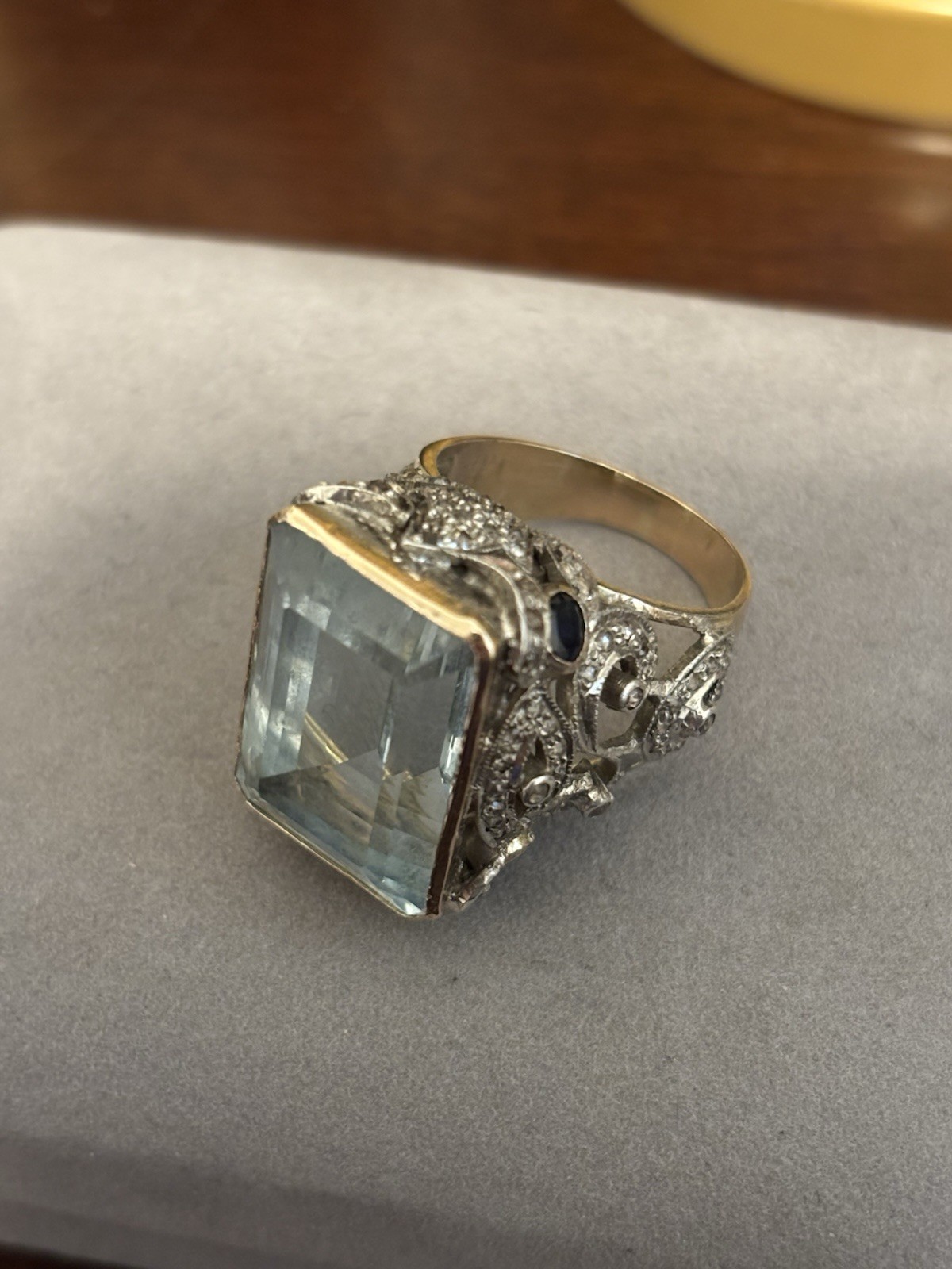 Vintage 18k Gold and SS Natural Aquamarine Ring Diamonds And Sapphires 16 CTW EX
