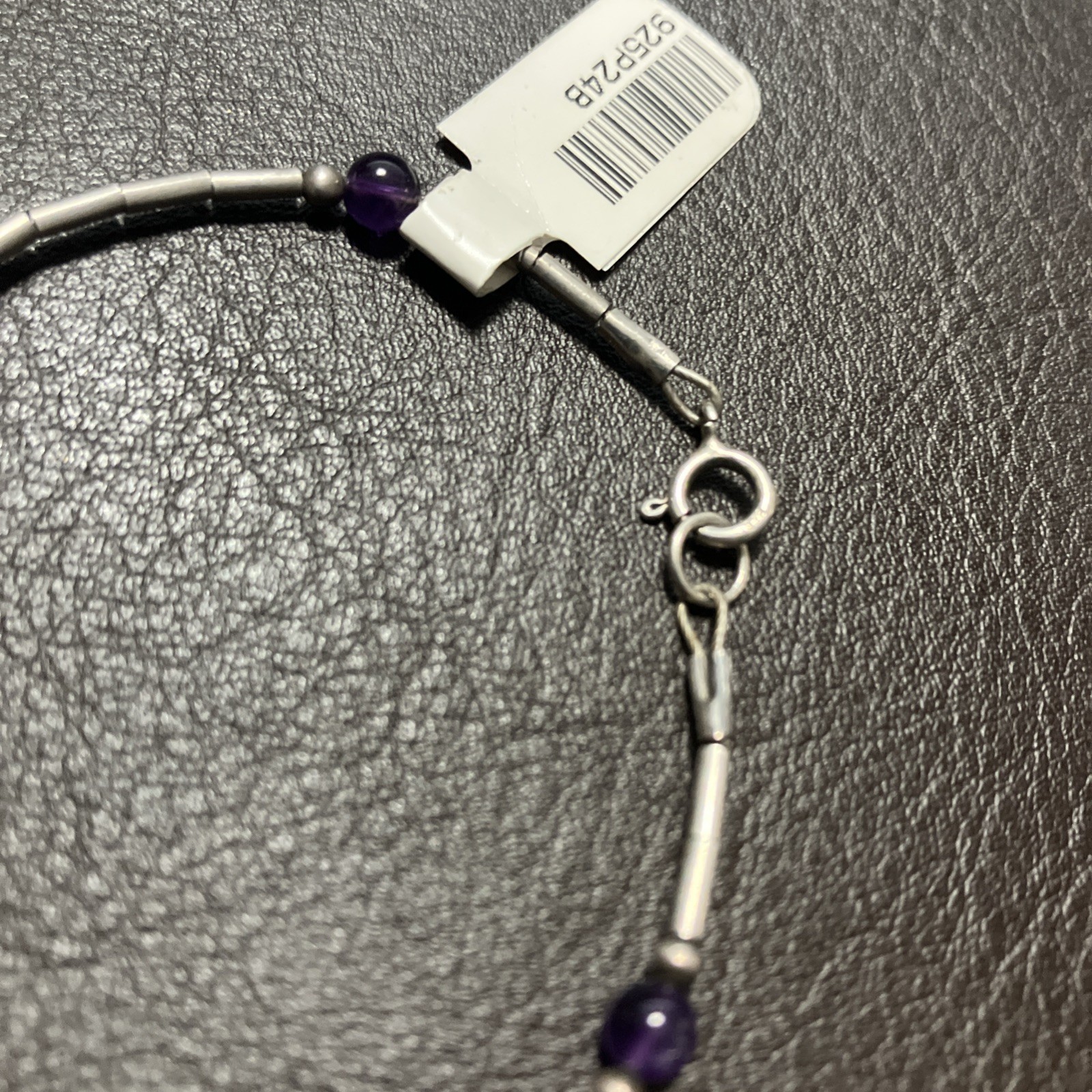 925 Sterling Silver Bracelet 2.4 Grams With Purple Beads 6.5 Inches Pre Owned
