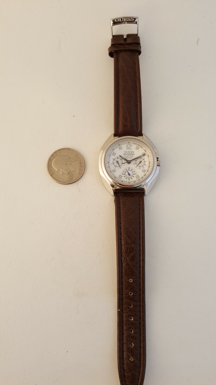 Guess Waterpro watch 50 meters 165 feet Tachymetre with leather band