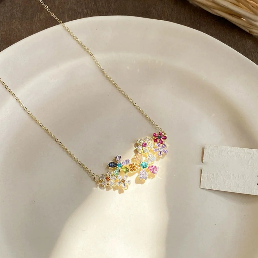 Geometry Colored Zircon Flower Necklace Earrings Women’s Trendy Fashion Jewelry