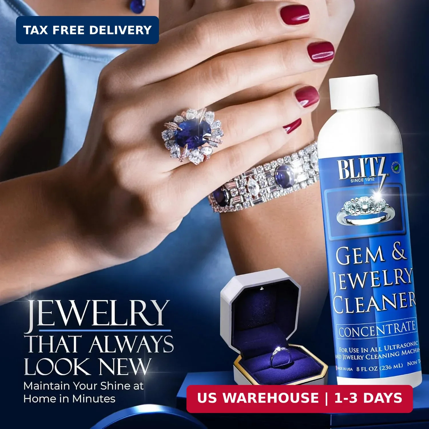 Blitz Gem & Jewelry Cleaner Liquid Concentrate for Gold, Silver, & Platinum Jewe